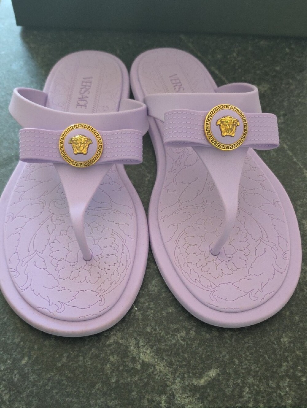 Versace Lilac Bow Medusa Rubber Flip Flops - Picture 3 of 6